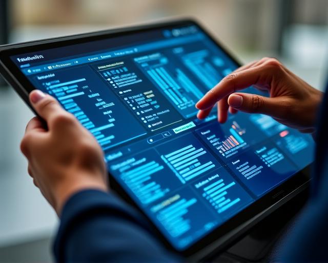 Modern BI tablet showing data-driven dashboard with cyan accents
