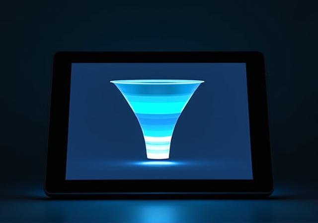 A visual funnel showing user conversion steps with bright highlight colors on a dark background