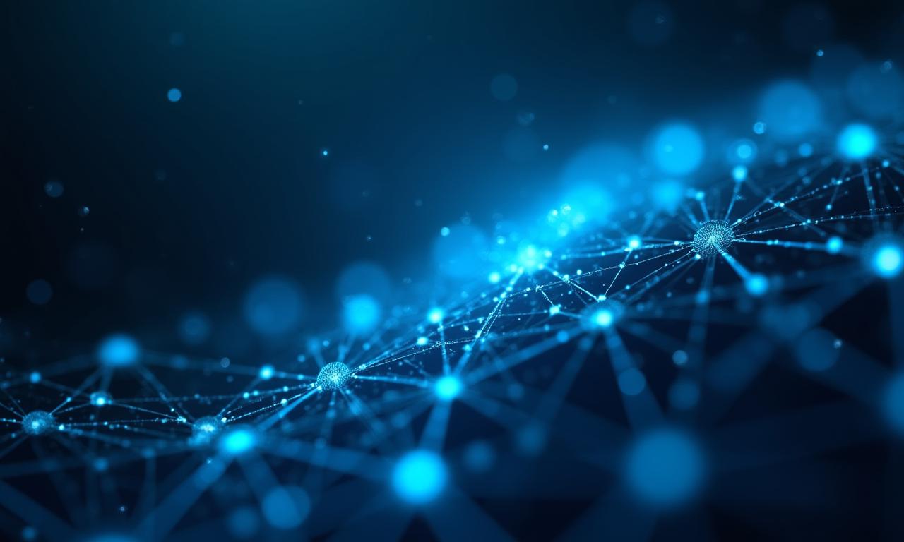 Abstract data visualization background with glowing neon nodes and connections