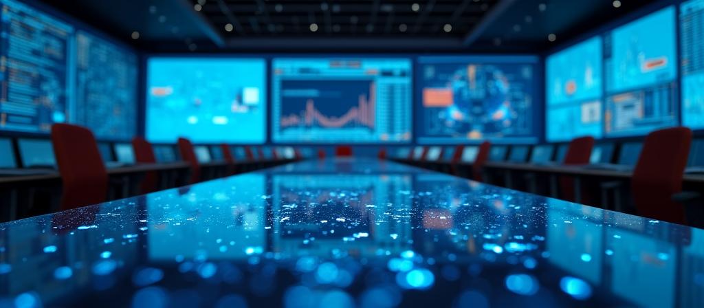 A clean, modern workspace with a focus on high-tech data visualization screens